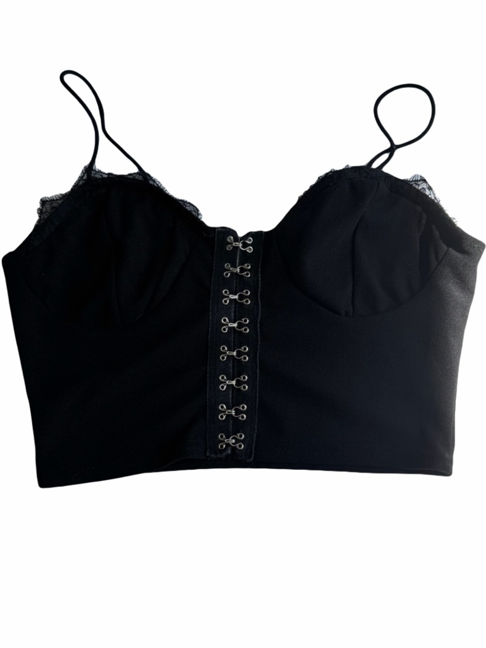 Black Lace-Trim Hook-Front Bustier Crop Top